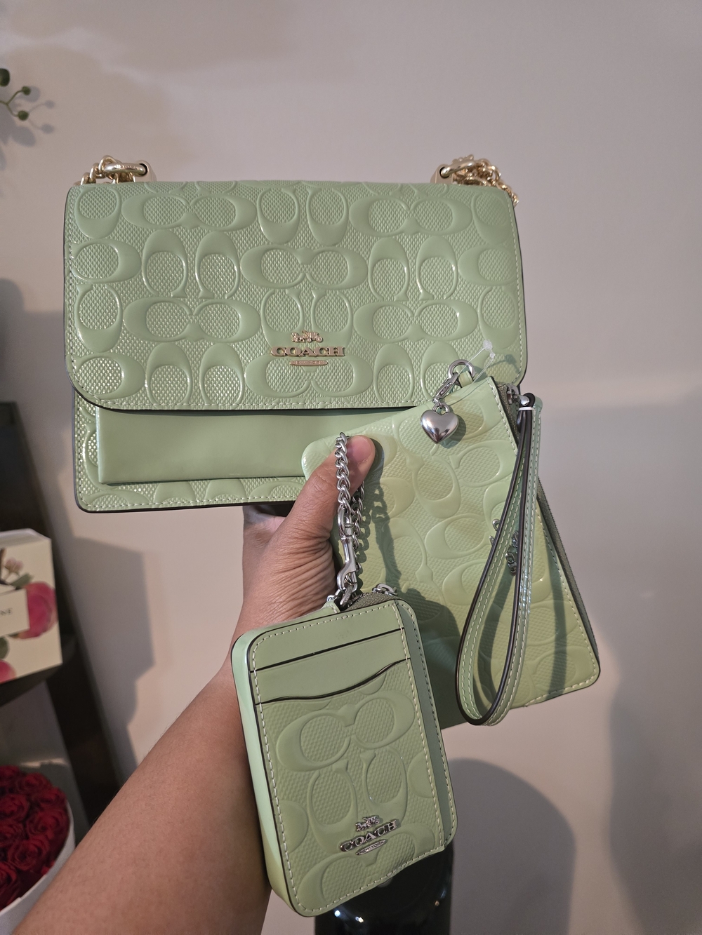 Coach Patent Signature Crossbody Set in Sage Green